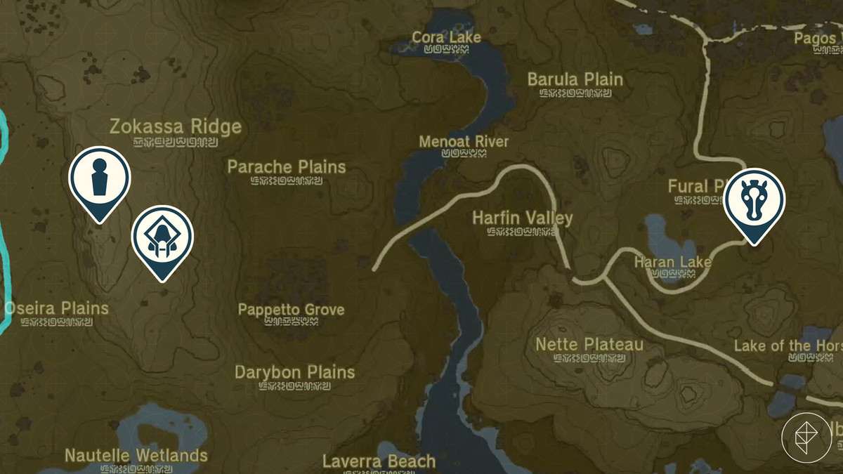 Una mappa di Zelda: Tears of the Kingdom mostra le posizioni di Highland Stable, Baddek e Ishokin Shrine