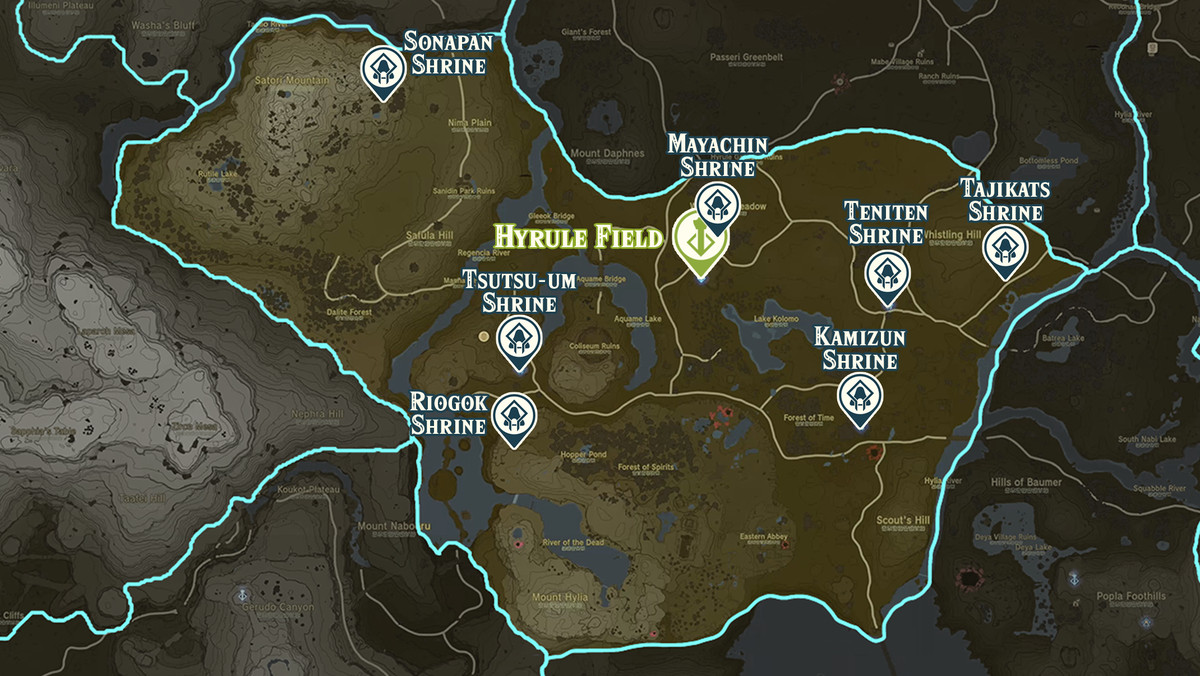 Mappa di Zelda Tears of the Kingdom della regione di Hyrule Field con le posizioni dei santuari contrassegnate