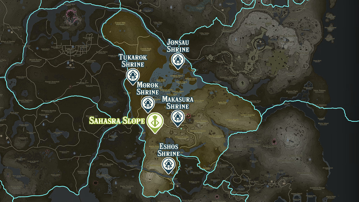 Mappa di Zelda Tears of the Kingdom della regione del Sahasra Slope con le posizioni dei santuari contrassegnate