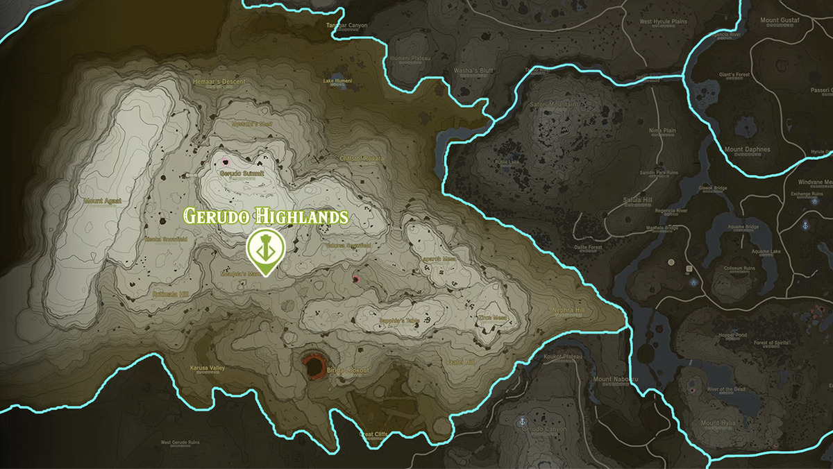 Zelda: mappa di Tears of the Kingdom della regione degli altopiani di Gerudo con le posizioni dei santuari contrassegnate