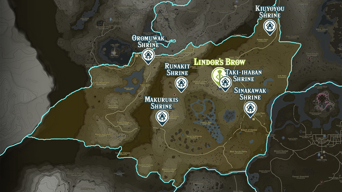 Mappa di Zelda Tears of the Kingdom della regione di Lindor's Brow con le posizioni dei santuari contrassegnate