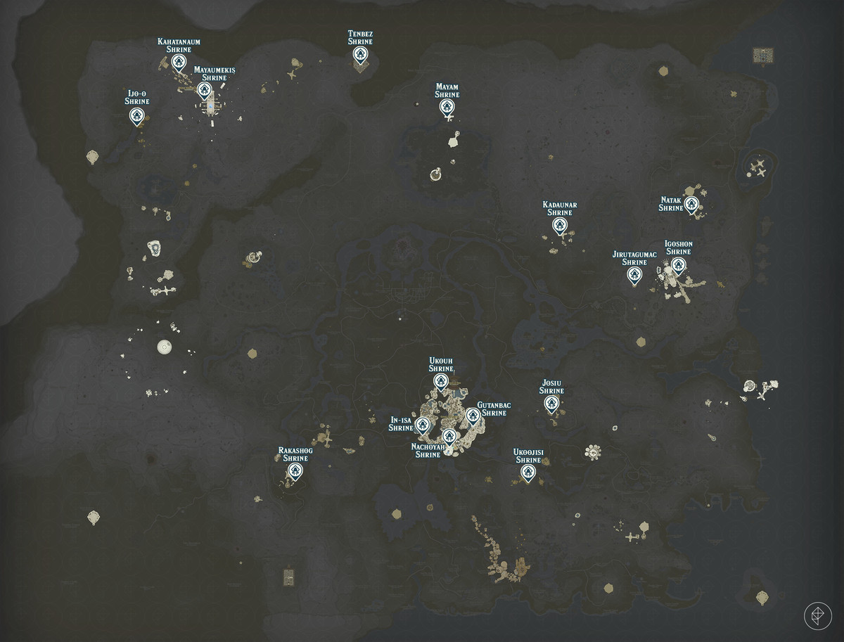 Mappa di Zelda Tears of the Kingdom della regione di Sky Island con le posizioni dei santuari contrassegnate