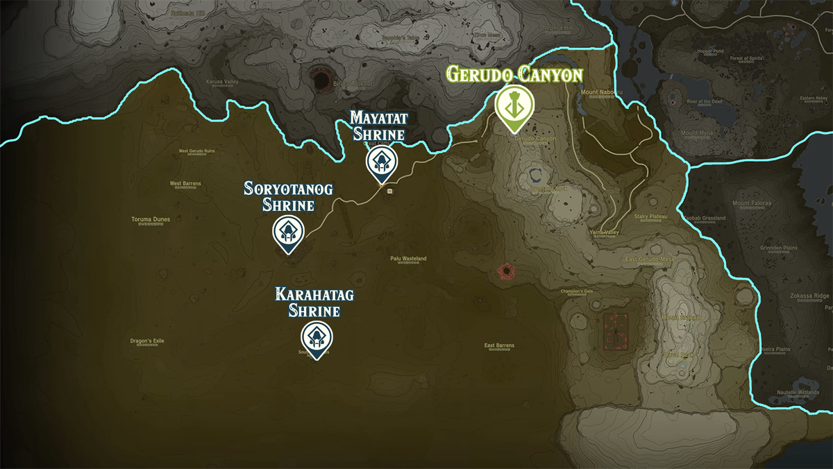 Mappa di Zelda Tears of the Kingdom della regione del Gerudo Canyon con le posizioni dei santuari contrassegnate