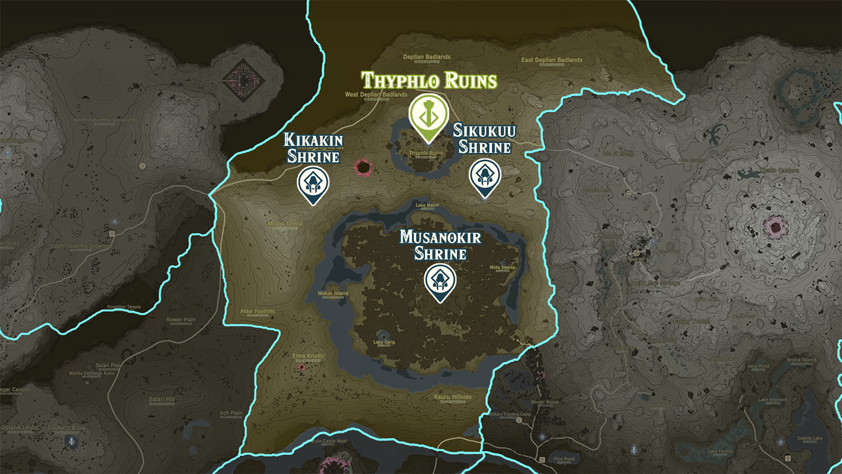 Mappa di Zelda Tears of the Kingdom della regione delle Rovine di Thyphlo con le posizioni dei santuari contrassegnate
