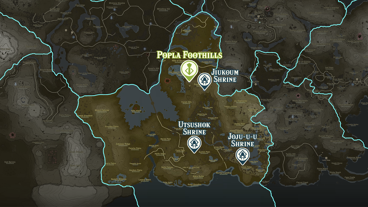 Mappa di Zelda Tears of the Kingdom della regione di Popla Foothills con le posizioni dei santuari contrassegnate