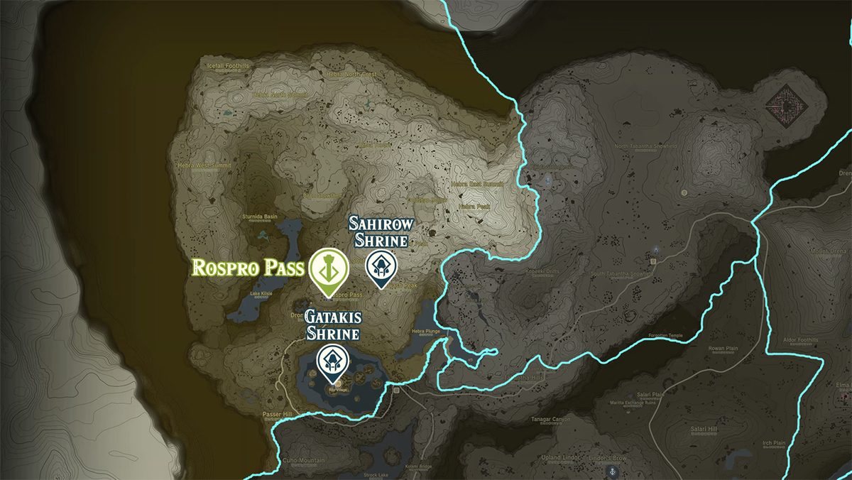 Mappa di Zelda Tears of the Kingdom della regione del Passo Rospro con le posizioni dei santuari contrassegnate