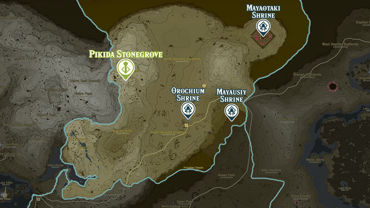 Mappa di Zelda Tears of the Kingdom della regione di Pikida Stonegrove con le posizioni dei santuari contrassegnate
