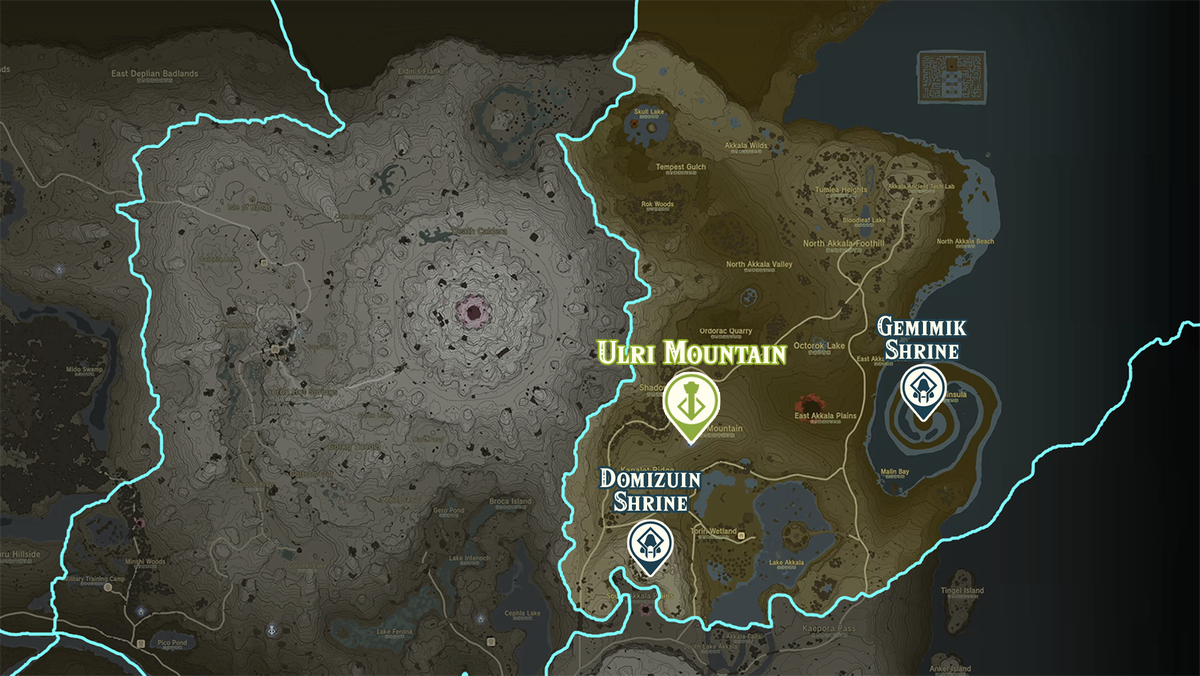 Mappa di Zelda Tears of the Kingdom della regione del Monte Ulri con le posizioni dei santuari contrassegnate