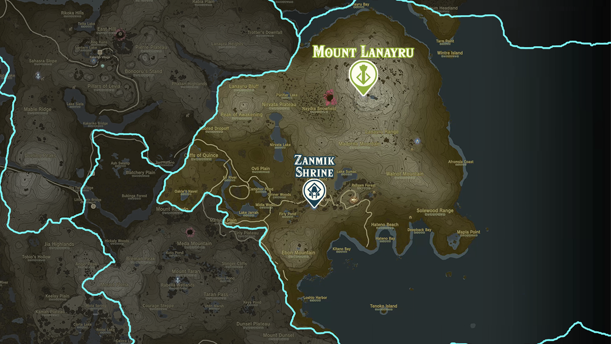 Zelda: la mappa di Tears of the Kingdom della regione del Monte Lanayru con le posizioni dei santuari contrassegnate