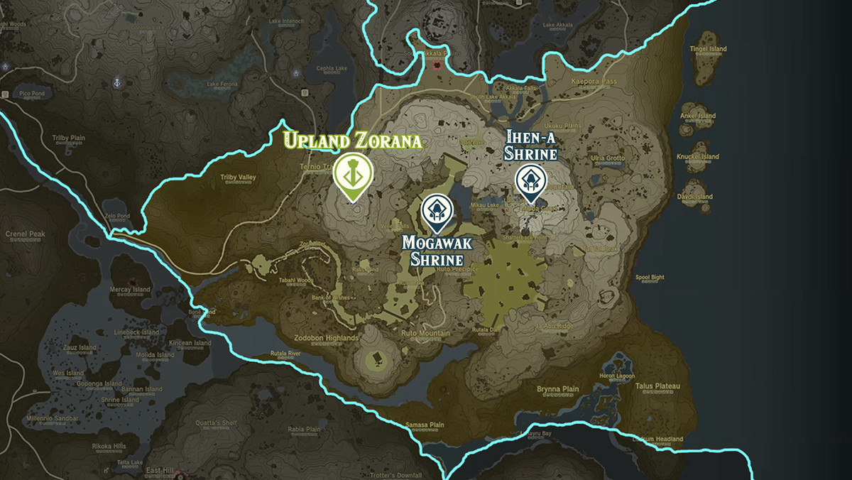 Mappa di Zelda Tears of the Kingdom della regione di Upland Zorana con le posizioni dei santuari contrassegnate