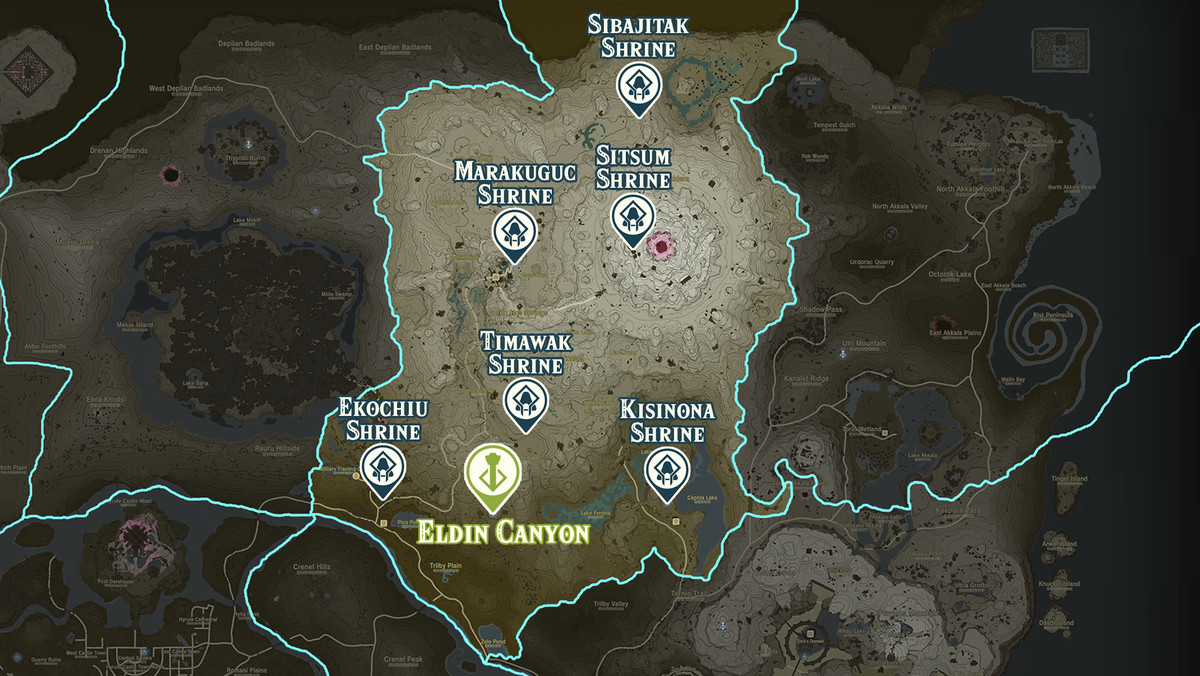 Mappa di Zelda Tears of the Kingdom della regione di Eldin Canyon con le posizioni dei santuari contrassegnate