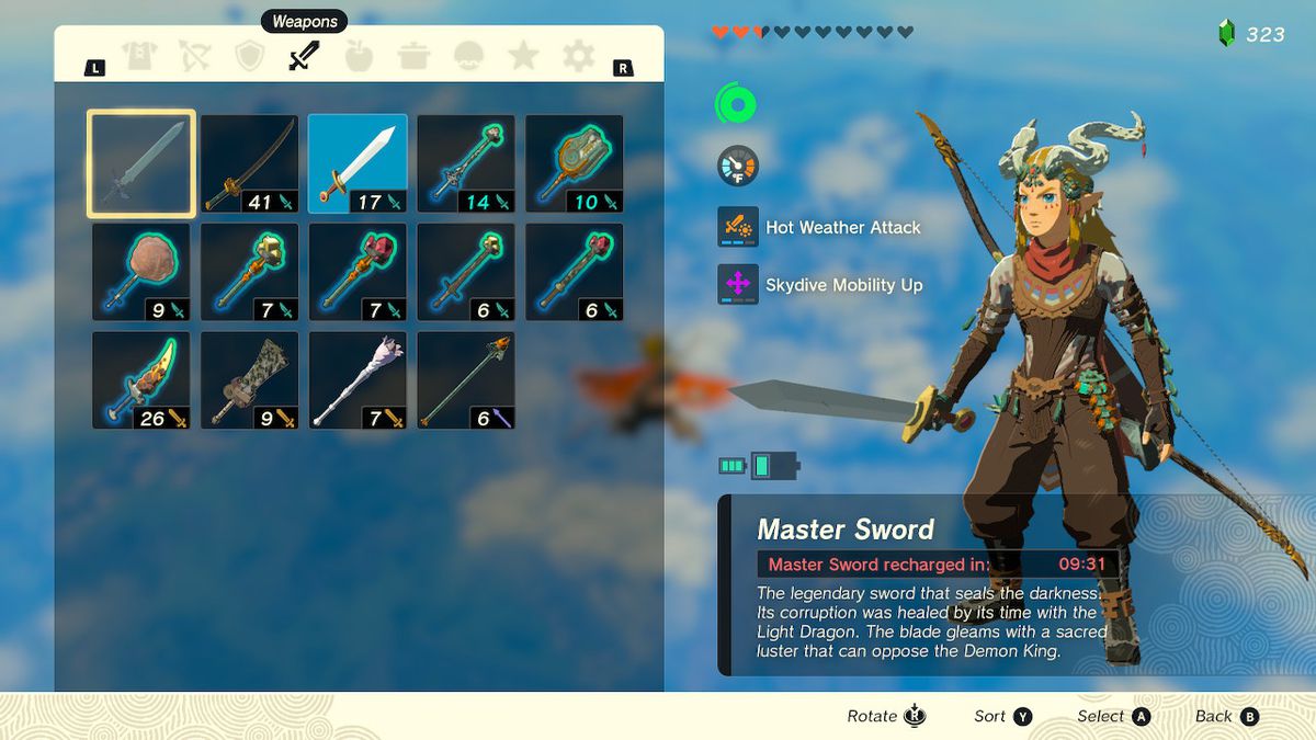 Uno screenshot del menu delle armi in Zelda: Tears of the Kingdom, che mostra un timer sul Master Spada mentre ricarica la sua energia