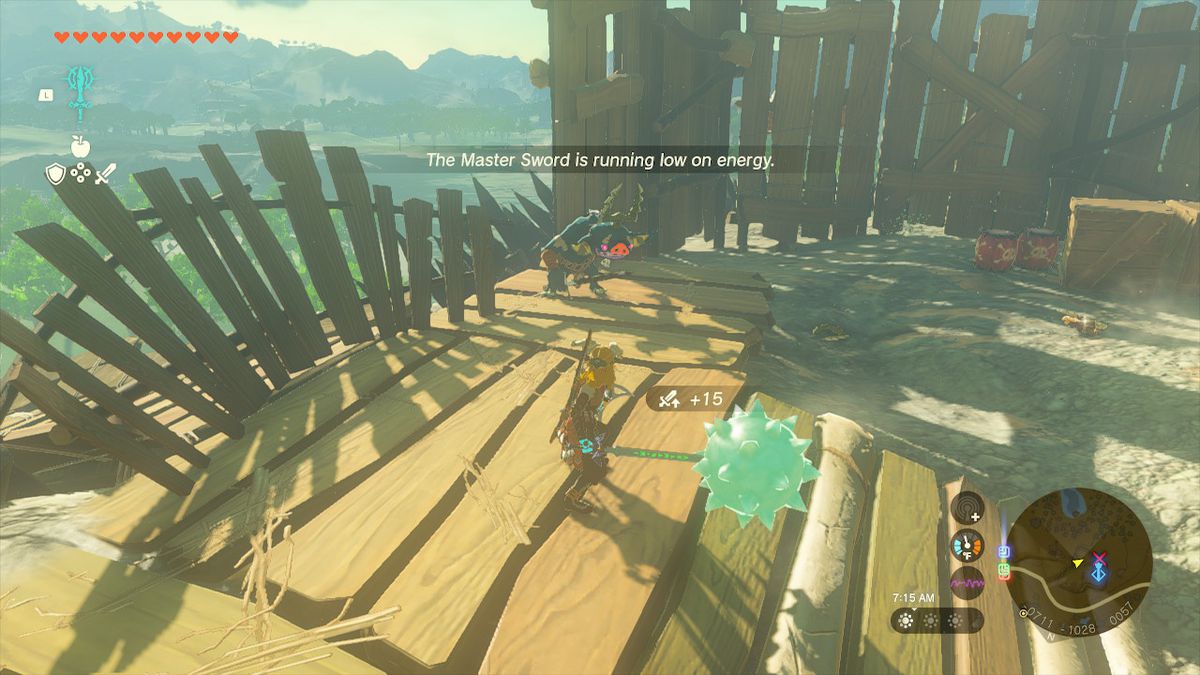 Link fonde il Master Spada con una palla chiodata dopo aver visto il messaggio che l'arma sta per esaurirsi in Zelda: Tears of the Kingdom