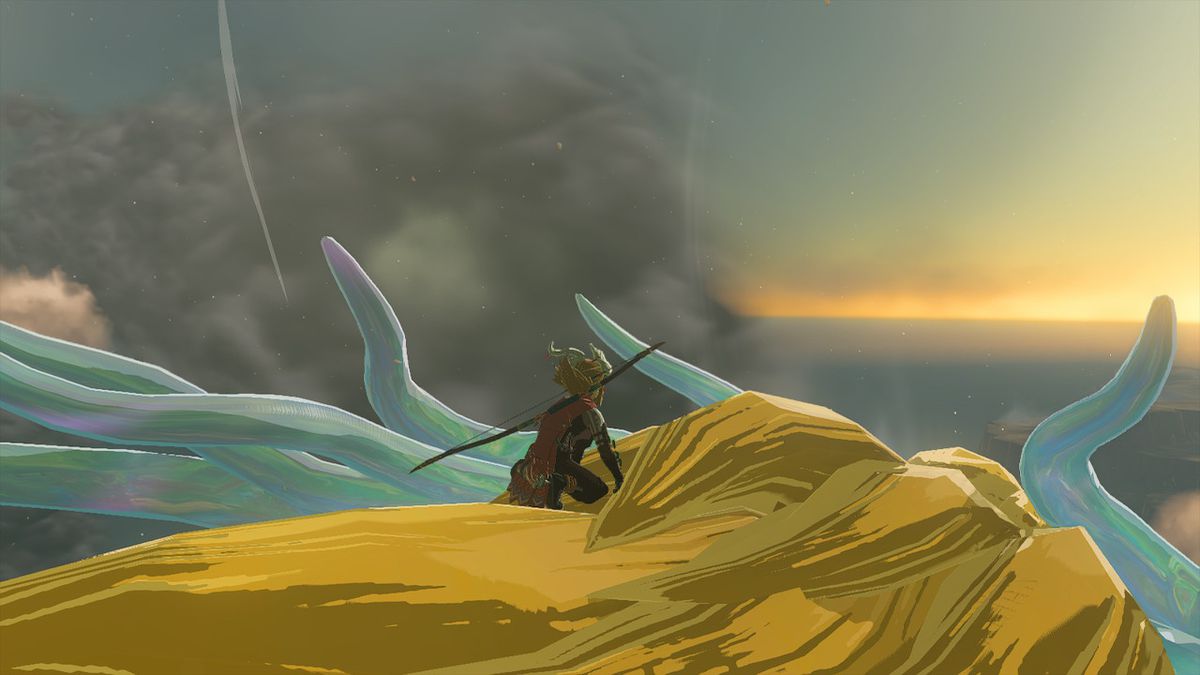 Link riposa in cima al Light Dragon guardando il tramonto in Zelda: Tears of the Kingdom