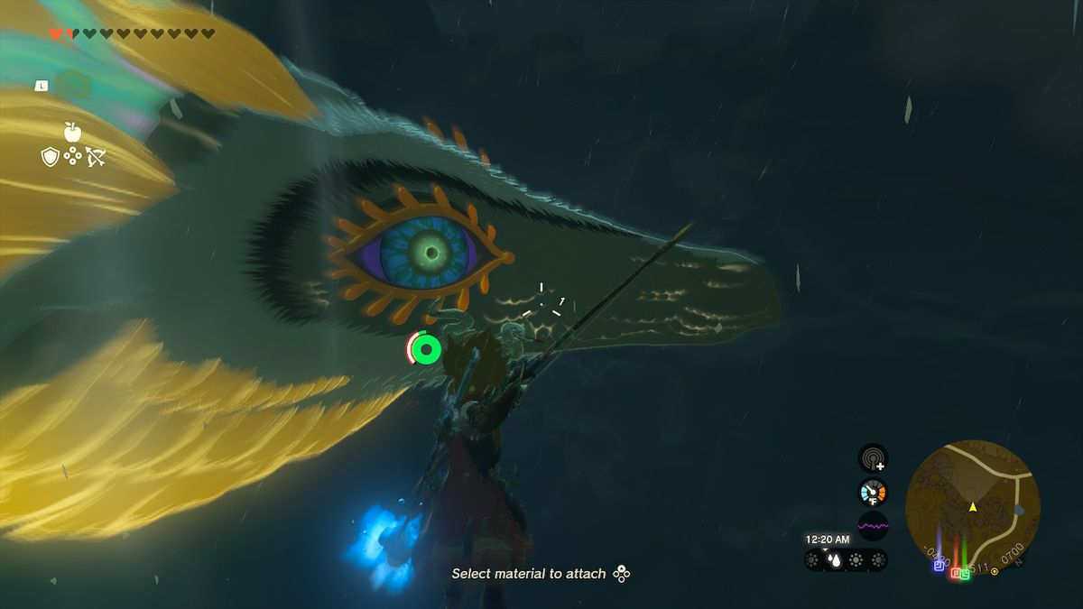 Link si sospende in aria mentre mira con l'arco alla bocca del Light Dragon in Zelda: Tears of the Kingdom
