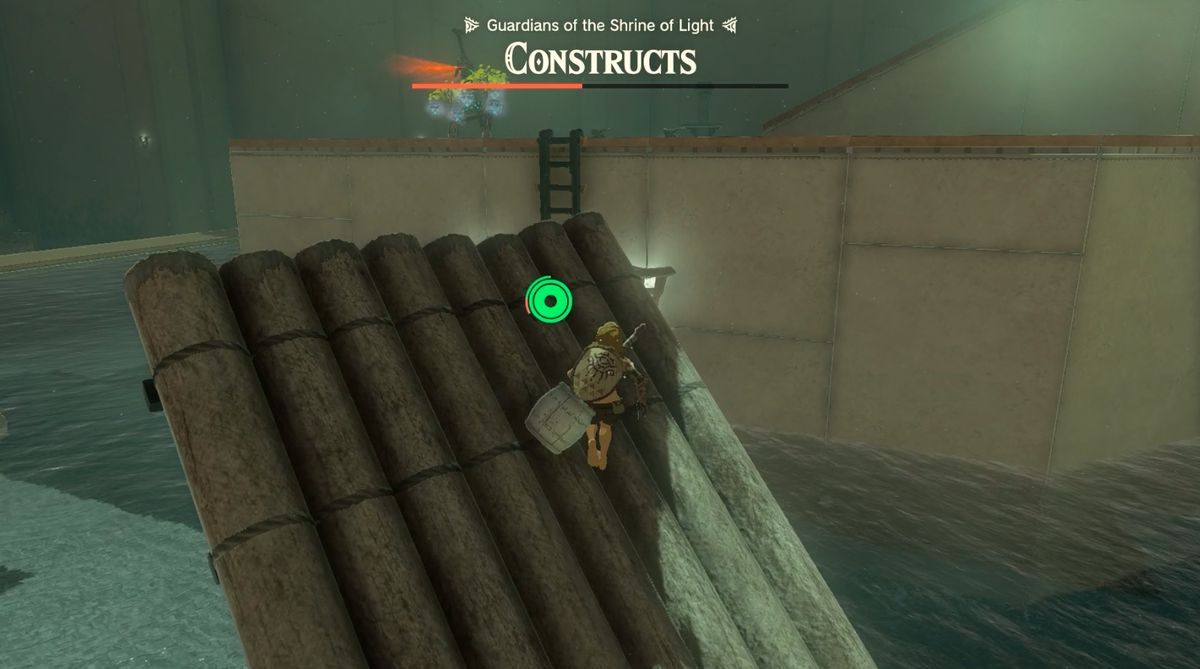 Link arrampicati su una zattera nel Santuario di Sifumim in Zelda: Tears of the Kingdom