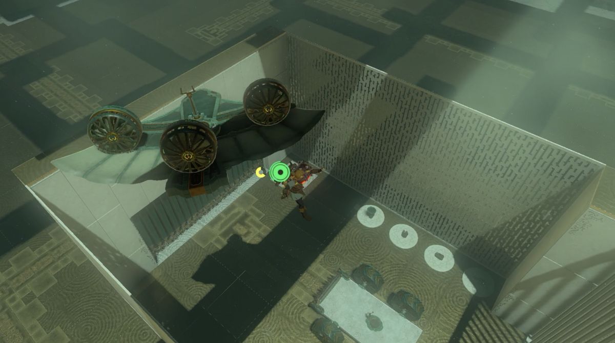 Link salta giù da un'ala Zonai nel Santuario Rasitakiwak in Zelda: Tears of the Kingdom