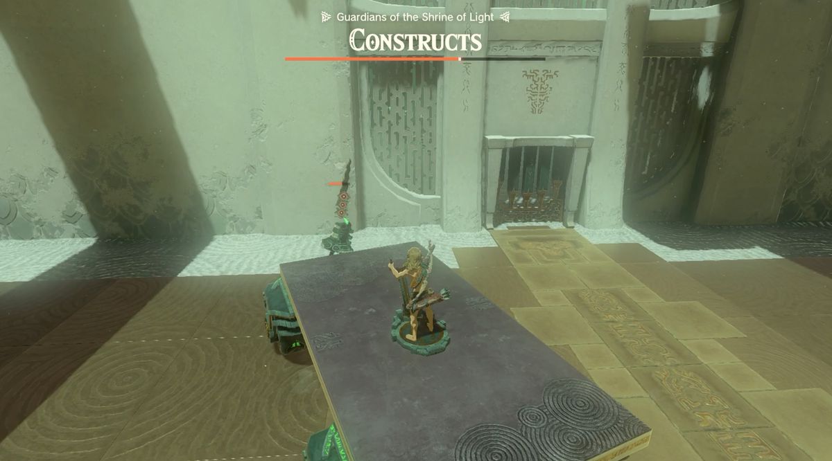 Link guida su un Costrutto nel Santuario Rasitakiwak in Zelda: Tears of the Kingdom