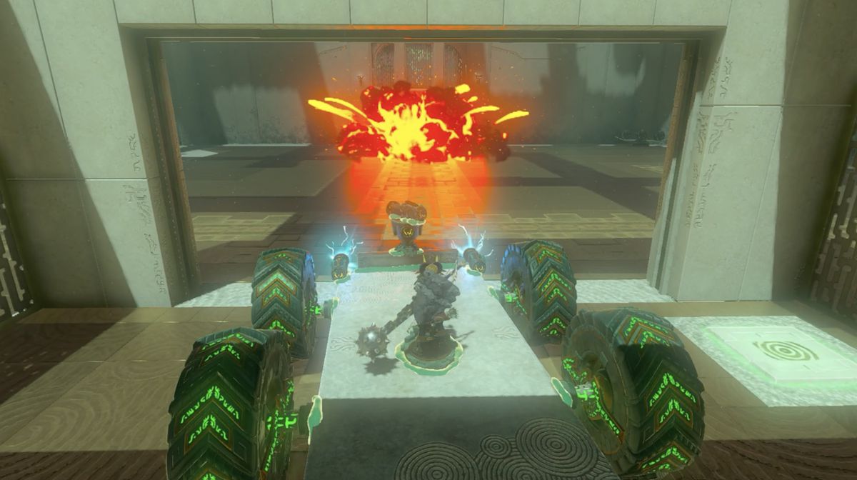 Link guida una macchina da guerra a ruote larghe nel Santuario di Rasitakiwak in Zelda: Tears of the Kingdom
