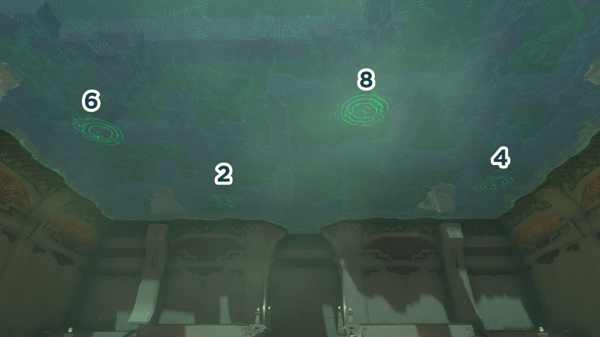 Quattro cerchi verdi sul soffitto del Santuario Kyokugon in The Legend of Zelda: Tears of the Kingdom