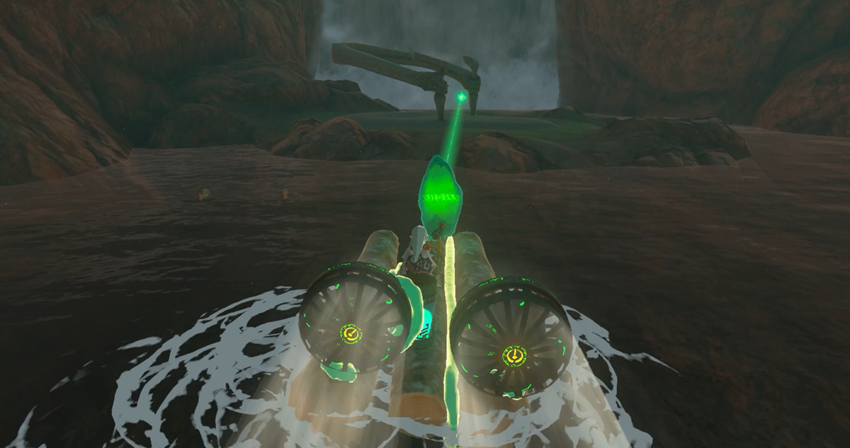 Link si trova su una zattera che si dirige verso un santuario.  La luce del cristallo mostra la via.