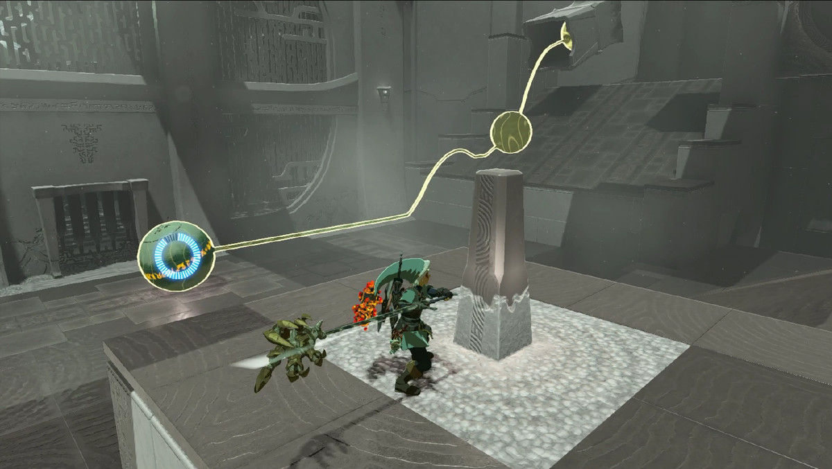 Una veduta del Santuario di Ademimik in Zelda: Tears of the Kingdom con Recall attivo, che mostra il percorso che la palla prenderà all'indietro fino al suo scivolo