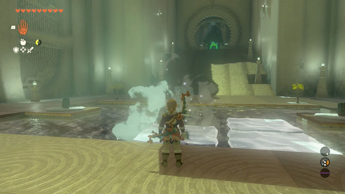 Link si trova davanti a una pozza con lastre di ghiaccio galleggianti nel Santuario di Mayanas in The Legend of Zelda: Tears of the Kingdom