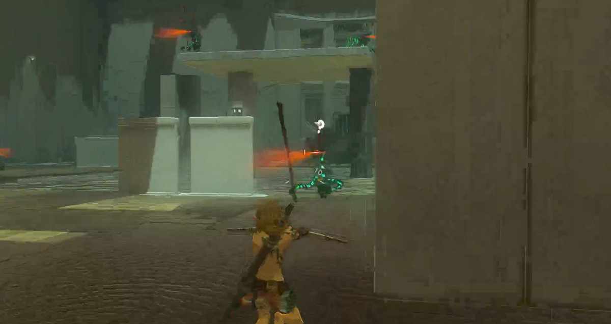Link punta una freccia verso un costrutto in Zelda: Tears of the Kingdom
