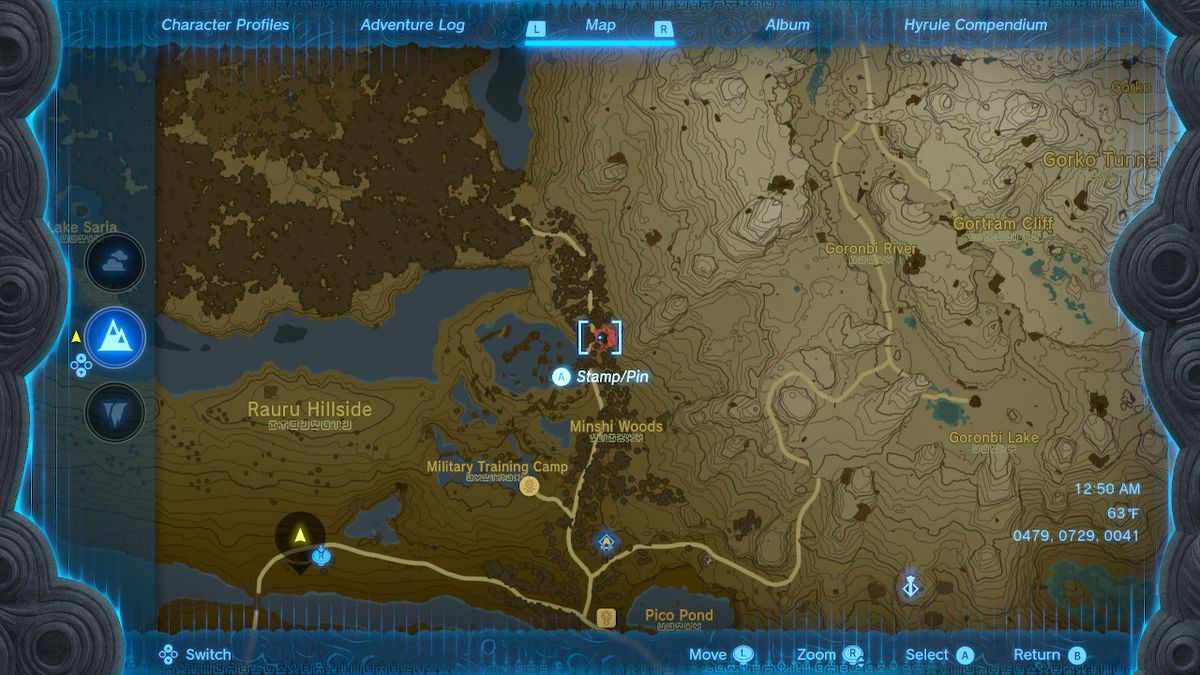 Uno screenshot della posizione sulla mappa del Minshi Woods Chasm in Zelda: Tears of the Kingdom