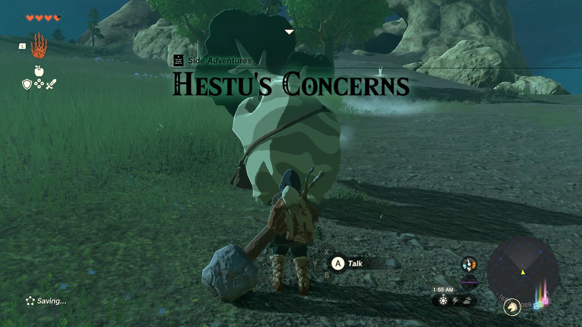 Link si trova di fronte a Hestu, che ha paura di un nemico vicino in Zelda: Tears of the Kingdom