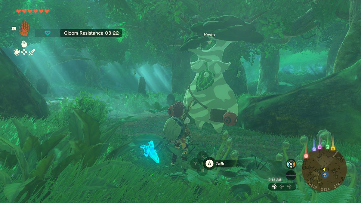 Link si trova di fronte a Hestu nella foresta di Korok in Zelda: Tears of the Kingdom