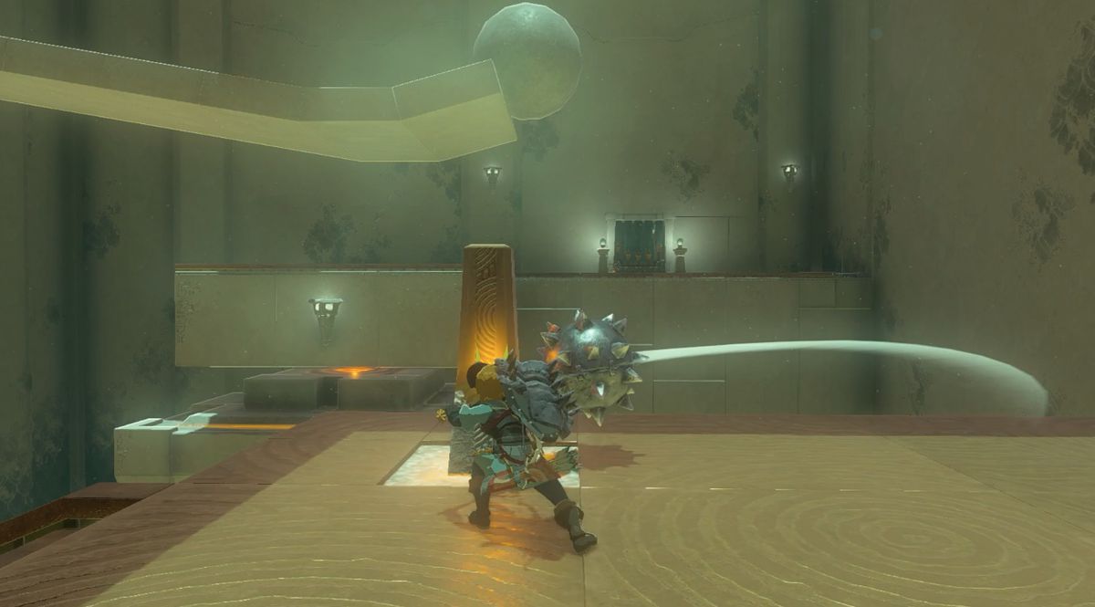 Link colpisce un pulsante con una grande palla appuntita per consentire a un masso di rompere un pulsante nel Santuario Mayak in Zelda: Tears of the Kingdom