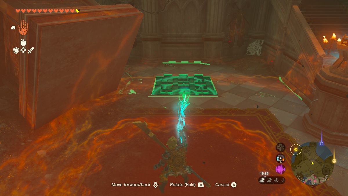 Link usa Ultrahand per far levitare una piattaforma a Hyrule in Zelda Tears of the Kingdom.