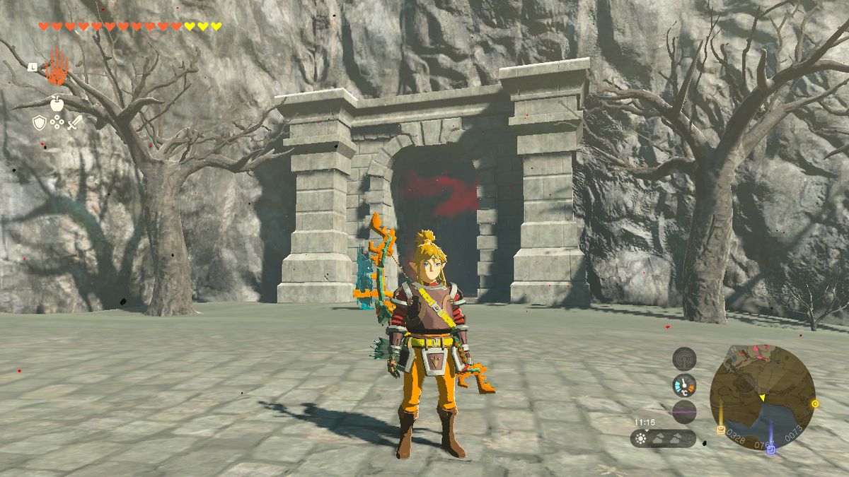 Link si trova all'ingresso di una grotta nel castello di Hyrule in Zelda Tears of the Kingdom.