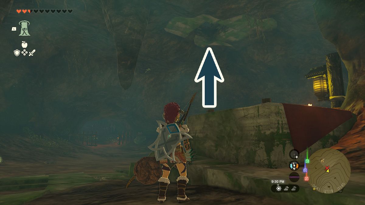 Un'immagine di una freccia che punta verso il soffitto, vicino a dove Link ha appena combattuto contro i membri del Clan Yiga, in Zelda: Tears of the Kingdom