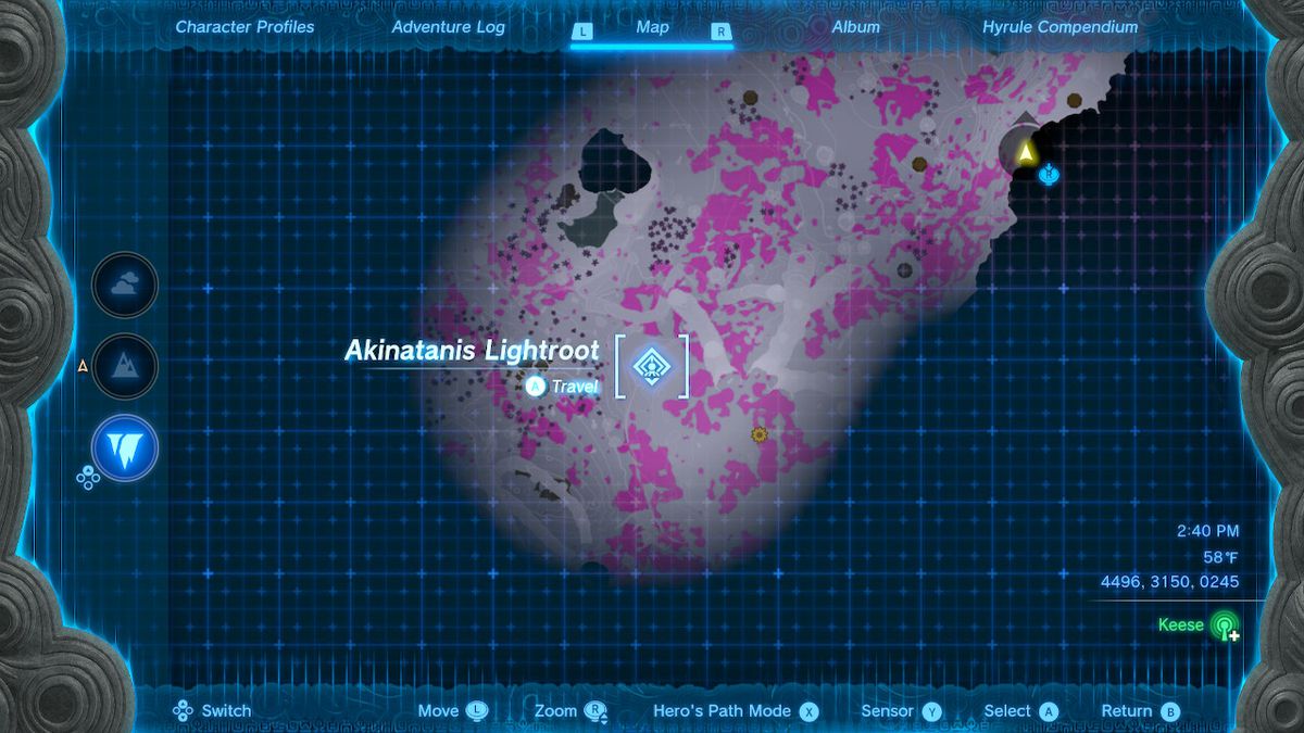 Uno screenshot della posizione sulla mappa dell'Akinatanis Lightroot nelle profondità in Zelda: Tears of the Kingdom
