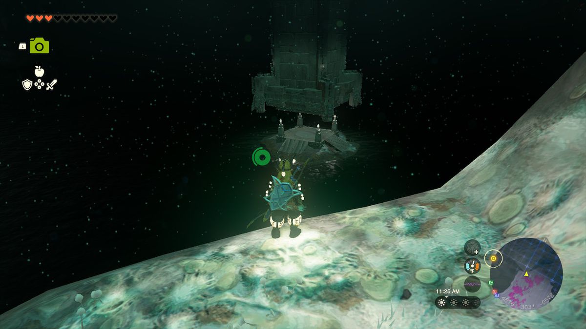 Link si trova su una scogliera in procinto di lanciarsi in parapendio verso il monolite in Zelda: Tears of the Kingdom