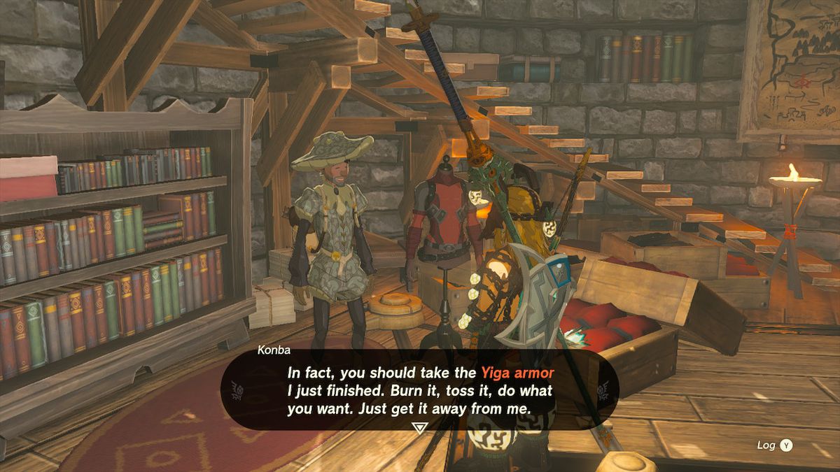 Konba, un sarto, offre a Link l'armatura Yiga in Zelda: Tears of the Kingdom