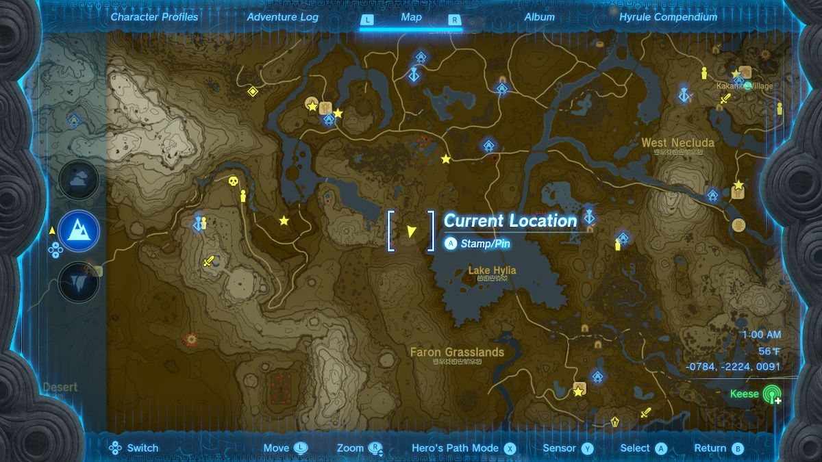 Uno screenshot della posizione sulla mappa del nascondiglio del Clan Yiga in Zelda: Tears of the Kingdom