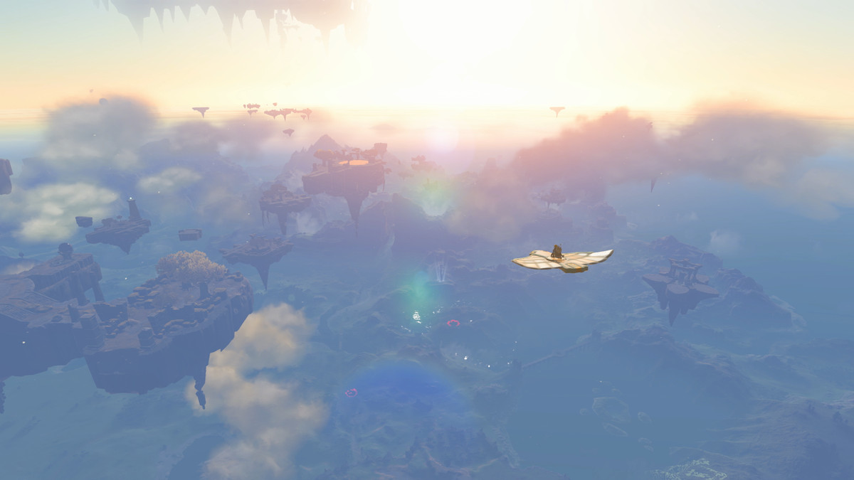 Link è una minuscola figura che si libra nel cielo su un dispositivo volante a forma di ala.  Sotto c'è un paesaggio nebbioso che sfuma in un tramonto