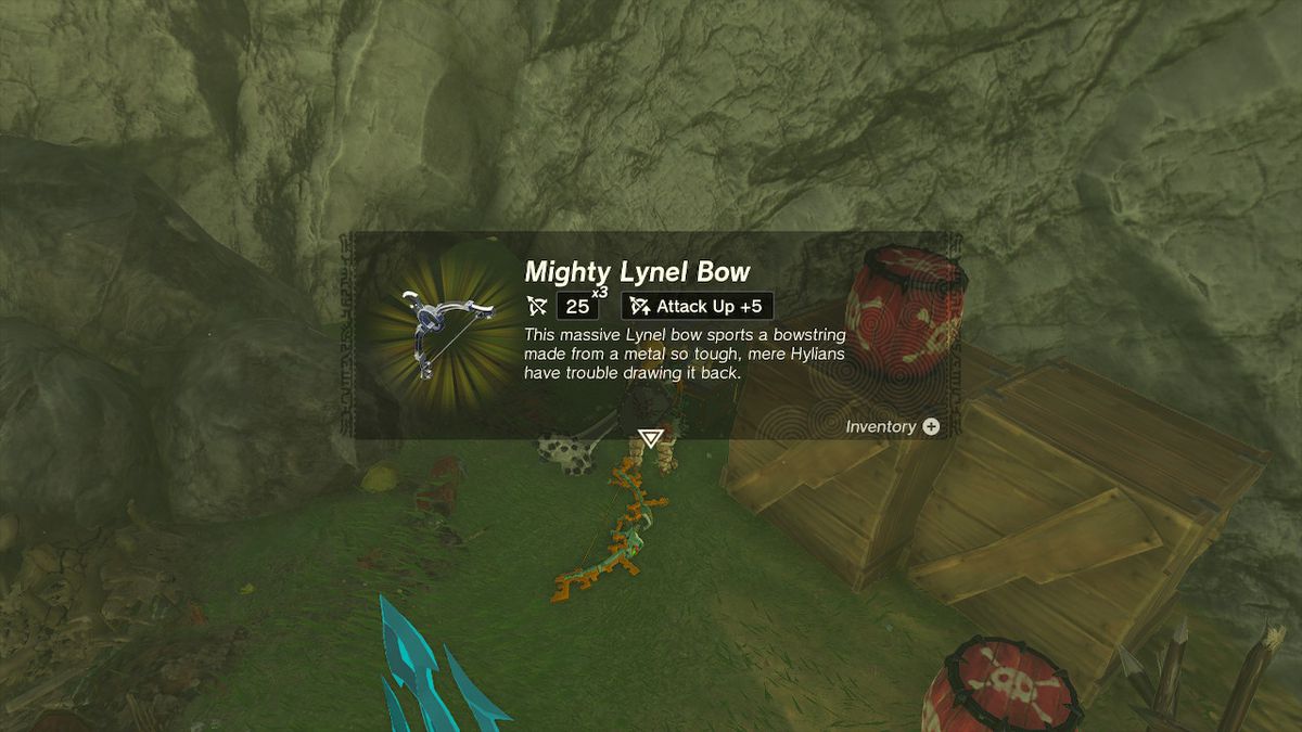 Link afferra un potente arco di Lynel per prepararsi a combattere contro un Gleeok della fiamma in Zelda Tears of the Kingdom.