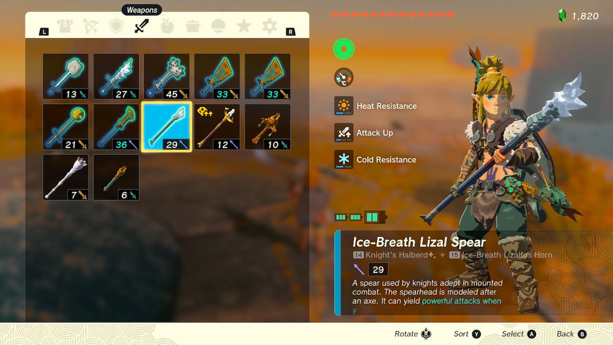 Link brandisce una lancia di ghiaccio in un menu di inventario per Zelda Tears of the Kingdom.