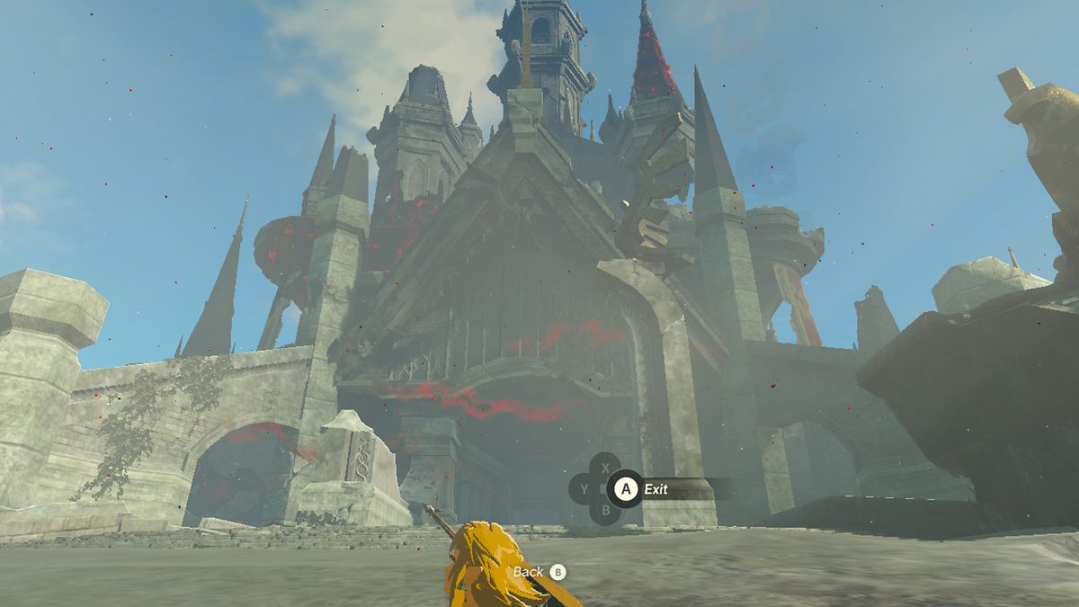 Link usa Ascend per uscire da una roccia vicino al castello di Hyrule in Zelda Tears of the Kingdom.