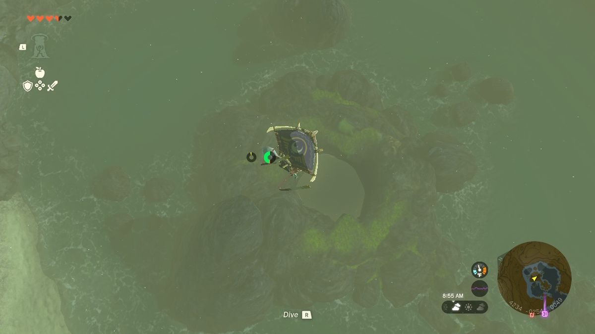 Link usa un aliante per cadere in una laguna mentre cerca l'armatura di gomma in Zelda Tears of the Kingdom.