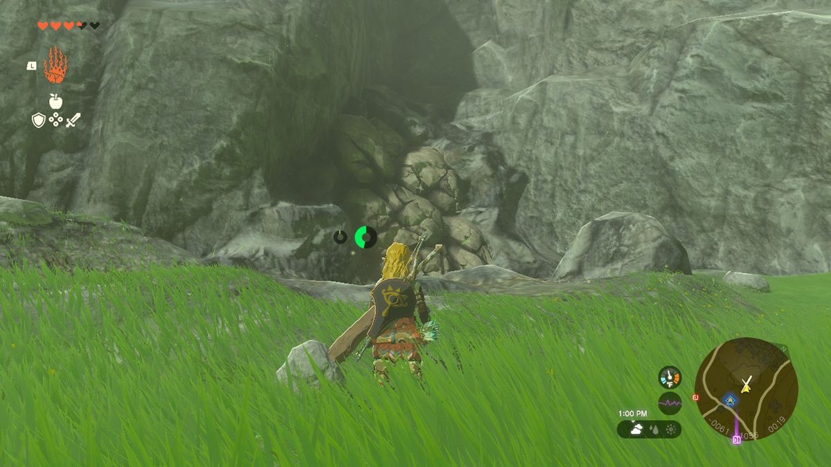 Link fissa una caverna bloccata dalle macerie in Zelda Tears of the Kingdom.