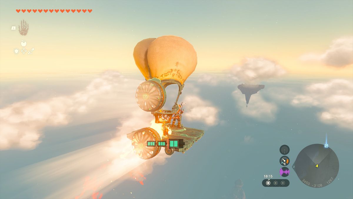 Link usa un aggeggio Zonai per volare nei cieli verso un'isola