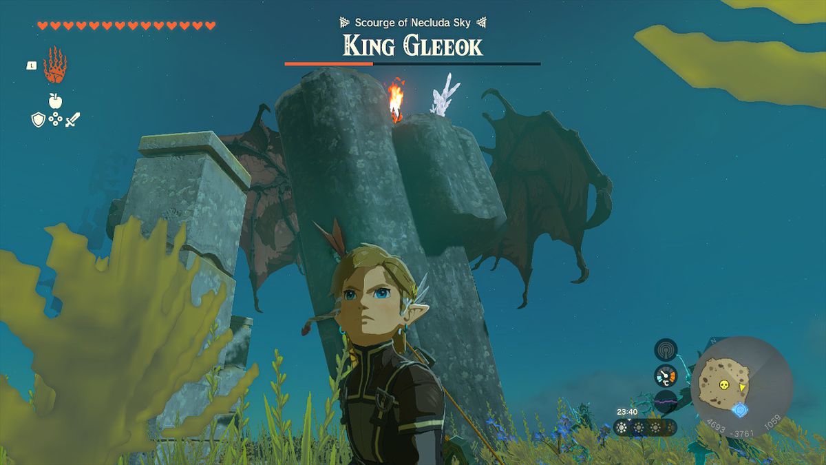 Link che si nasconde dietro un pilastro nel combattimento di King Gleeok