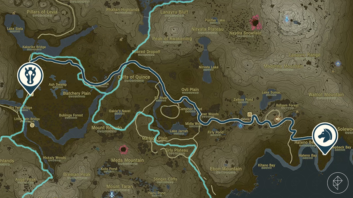 Mappa di The Legend of Zelda: Tears of the Kingdom che mostra il percorso tra il cavallo gigante di Ganon e la scuderia di Dueling Peaks.