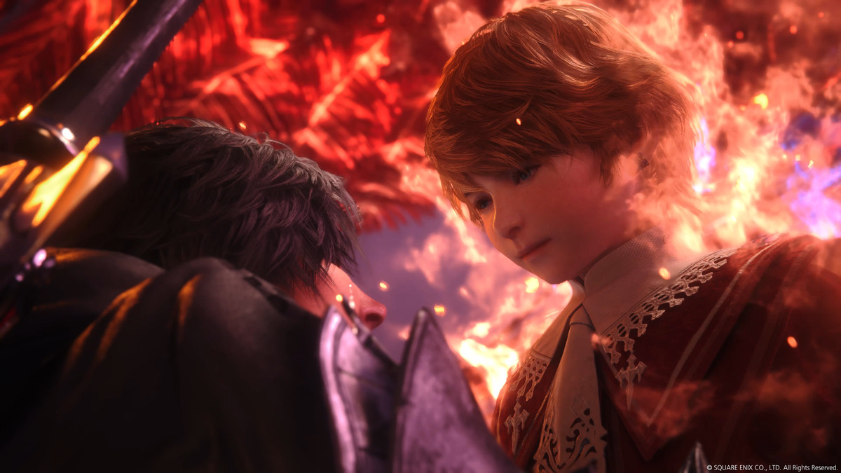 Clive Rosfield e suo fratello minore, l'angelico Joshua, in primo piano mentre sono circondati dalle fiamme in Final Fantasy 16