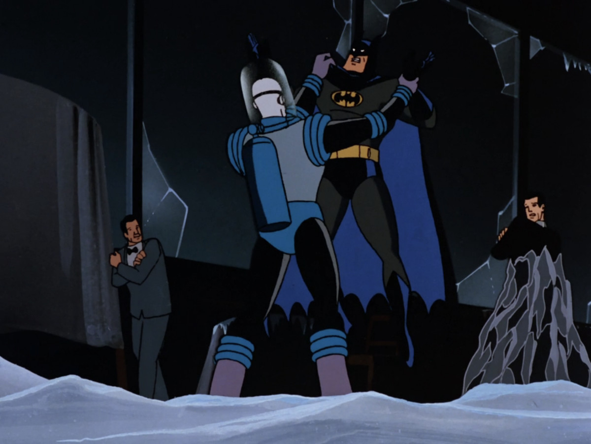 Mr. Freeze sostiene Batman per il mantello in un fotogramma di Batman: The Animated Series